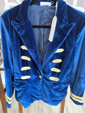 Unbranded Velvet Military-Inspired Blue Jacket with Gold Trim